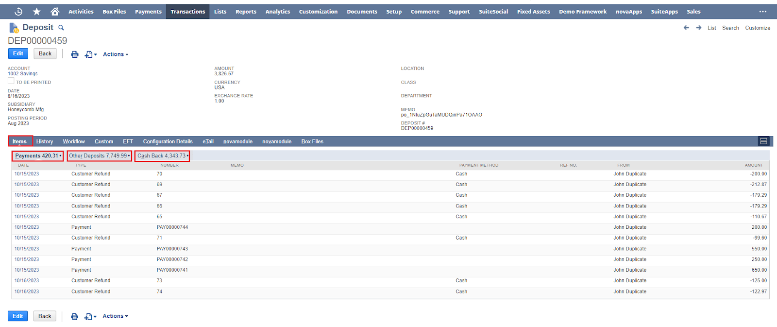 NetSuite Payments Other Deposits Cash Back Tabs.png